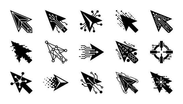 Futuristic technology mouse cursor icons, set of 15 digital pointer vectors, cyber tech arrow symbols for gaming and software interfaces
