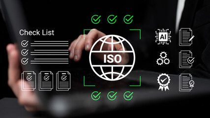 Fototapeta premium ISO Certification Process with Checklist and AI Concept in Modern Digital Workspace for Quality Management and Assurance Enhancements. Glyphic.