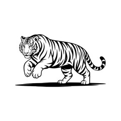 Obraz premium Black and white tiger illustration walking in a dynamic pose isolated on white background