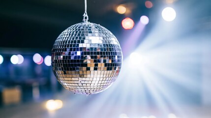 Fototapeta premium Mirrored disco ball reflecting colorful light rays across a dark club scene. Concept of party, celebration, and nightlife