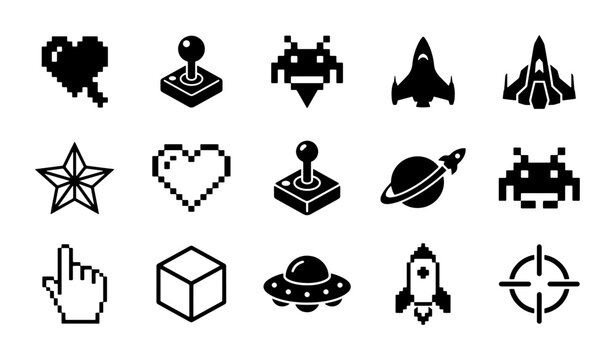 Retro pixel art game icons, set of 15 black vector gaming symbols, vintage arcade video game elements for UI design and app development