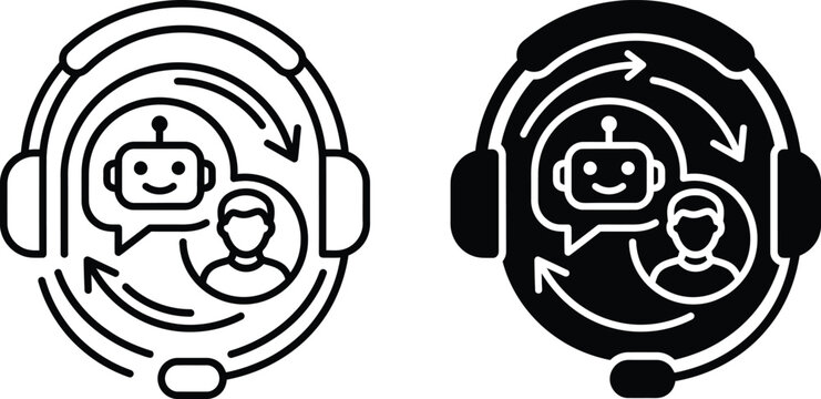 Modern illustration depicting customer service chat interactions between humans and robotic virtual assistants with headphones icons