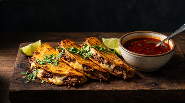 Delicious Birria Tacos with Consomme and Lime Slices on a Wooden Board