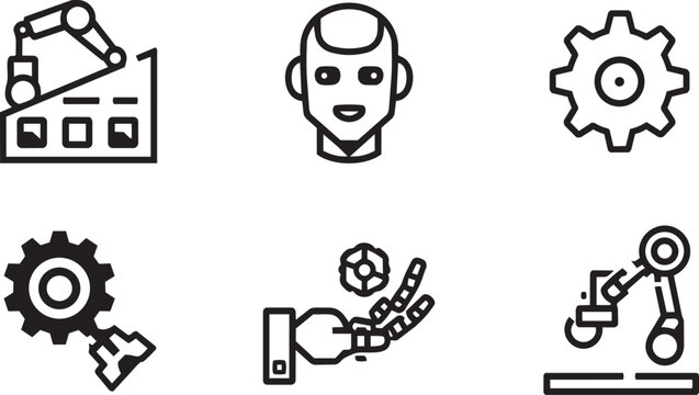 Industrial Robotic Arm Assembly Line Robot Head Smiling Face Machine Cogwheel Gear Gear with Mechanical Tool Robotic Hand with Floating Core Robotic Arm with Claw Outline Icon Set Vector Asset
