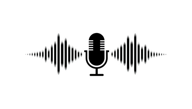 Minimalist white line of a vintage microphone surrounded by symmetrical audio sound wave bars isolated on a transparent background