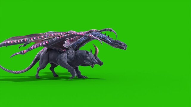 Green Screen Mythological Chimera Walks Side Monsters 3D Animations Rendering CGI 4K