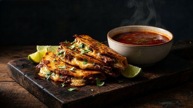 Delicious steaming birria tacos with melted cheese and a side of consomme served on a rustic wooden board with lime wedges
