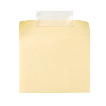 Blank vintage yellow paper note attached with adhesive tape isolated on transparent background