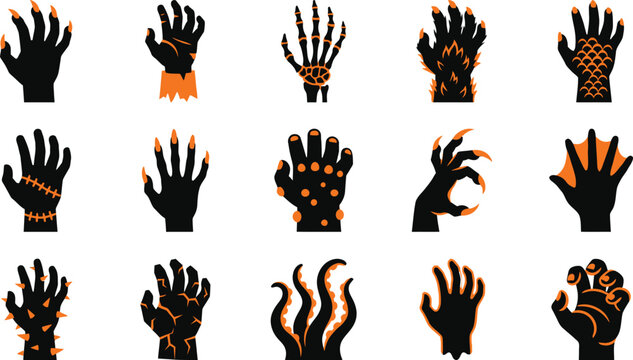 Set of various halloween monster hand illustrations featuring creepy claws and spooky creature fingers for festive design