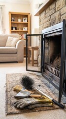 Obraz premium Cleaning fireplace before winter, seasonal chimney maintenance, cozy home preparation, household safety.