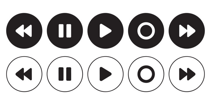 Music control button set with circular black and white play pause record fast forward and rewind icons.