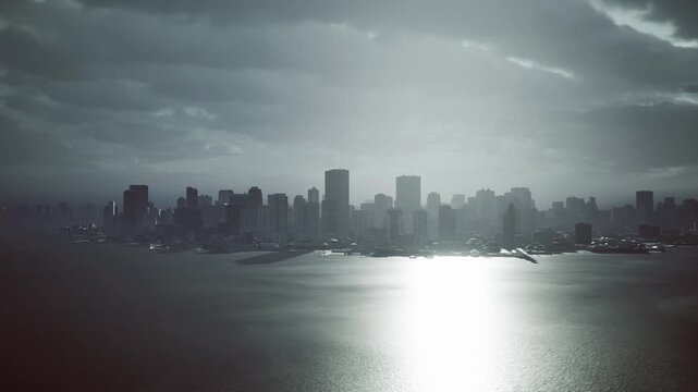 Honolulu skyline at twilight soft violet hues spilling across calm bay, silhouette towers lighting up gradually, tranquil harbor and faint mountain backdrop