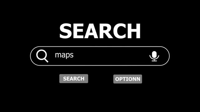 Search bar with maps query on black background with search and option buttons search engine navigation.