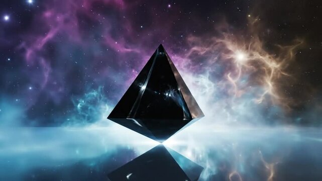 Black crystal pyramid floating in cosmic space above reflective surface with nebula background