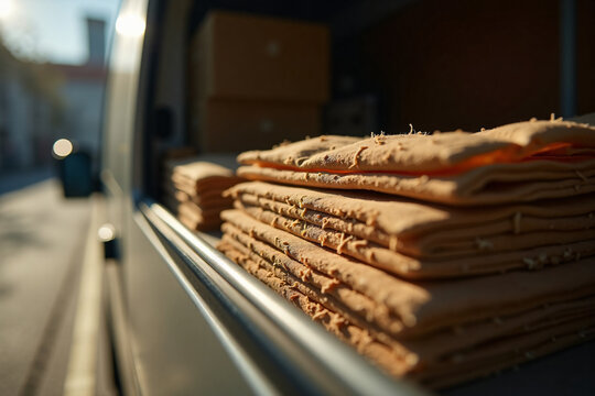 Folded brown leather pieces stacked neatly inside a vehicle with natural sunlight highlighting textures and material quality for crafts and upholstery