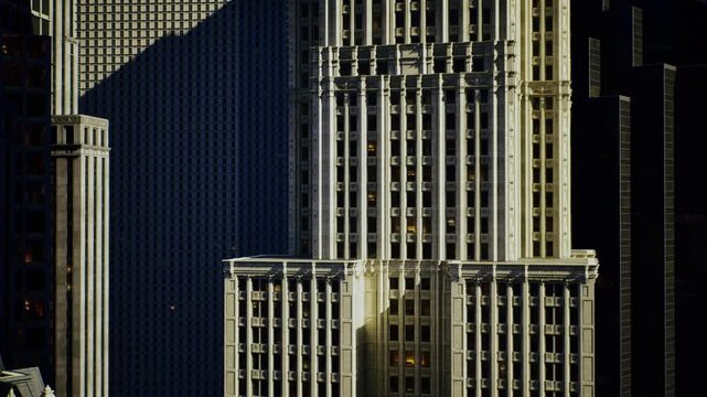 Monumental symmetrical tower Seattle golden light, balanced columns and windows, formal composition, timeless corporate elegance, strong vertical lines