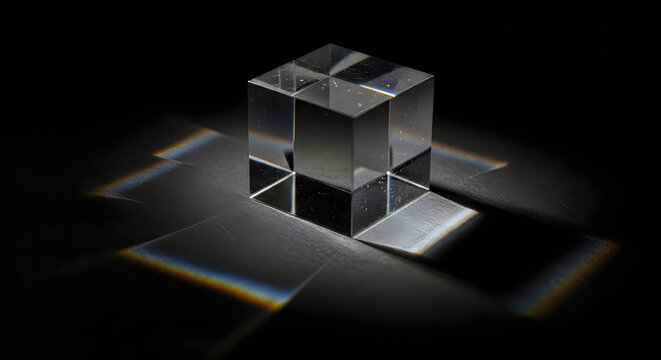 A conceptual abstract representation of a glowing metallic cube structure isolated against a deep black background with dramatic lighting and soft shadows