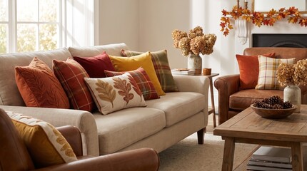 Obraz premium Cozy autumn living room with warm blankets and seasonal decor, comfortable family home interior.