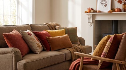 Obraz premium Cozy autumn living room with warm blankets and seasonal decor, comfortable family home interior.
