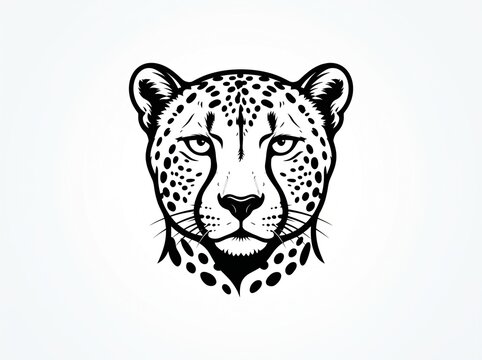 Cheetah head illustration vector art. Black and white cheetah face portrait for logo.