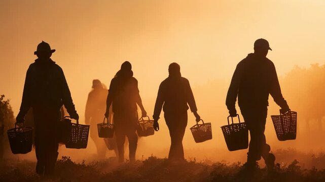 Silhouetted farm workers carrying baskets at sunrise during harvest season