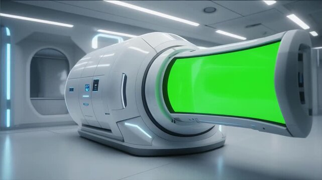 Futuristic Cryogenic Chamber with Green Screen Display in Sci-Fi Lab.