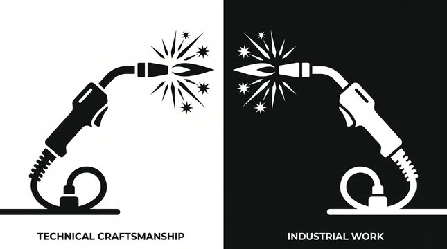 Two mirrored welding torch icons with sparks, black on white and white on black, minimal design contrasting craftsmanship and industrial work through symmetry and inversion.