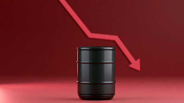 Black oil barrel with a downward red arrow, symbolizing a decrease in prices, an economic downfall, or a market crash on a red background