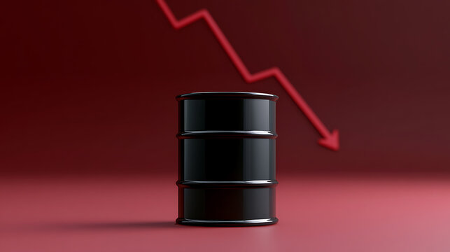 Black industrial barrel stands on a red surface with a red downward-pointing arrow in the background, symbolizing market decline and crisis