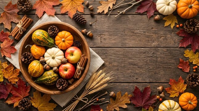 Rustic wooden background with a bowl of autumn harvest vegetables and colorful fall leaves for seasonal decoration