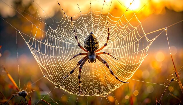 Close up of an orb weaver spider web in golden light.