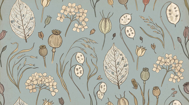 Minimalist Fall Botanical Banner with Elegant Dried Flowers, Detailed Leaves, Poppy Seed Pods and Wildflower Illustrations on a Calm Muted Blue Background