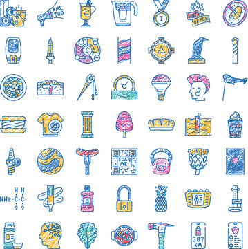 Colorful collection of various hand drawn icons and symbols, representing a wide range of everyday objects, abstract concepts, tools, and food items, all with a distinct sketch like appearance