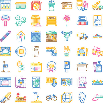 Variety of colorful stroke line icons representing diverse concepts from science and technology to food, industry, nature, and everyday objects, ideal for web, print, and mobile design projects