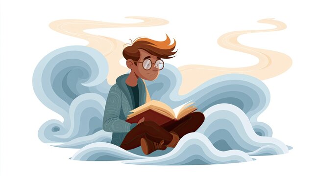 Cartoon man with glasses reading a book in waves