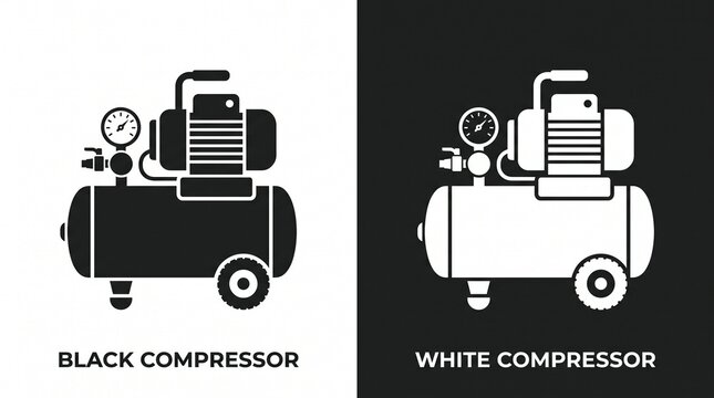   
Two mirrored air compressor icons with tank, gauge, motor, and wheels, black on white and white on black, minimal design emphasizing symmetry, contrast, and industrial function.