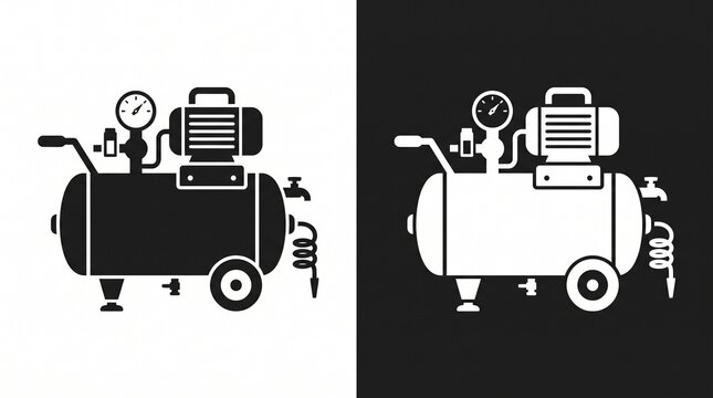   
Two mirrored air compressor icons with tank, gauge, motor, and wheels, black on white and white on black, minimal design emphasizing symmetry, contrast, and industrial function.