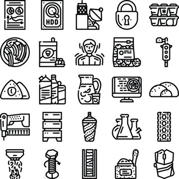 Collection of outline icons covering various concepts including digital data, communication, security, food products, scientific processes, industrial equipment, and different types of goods