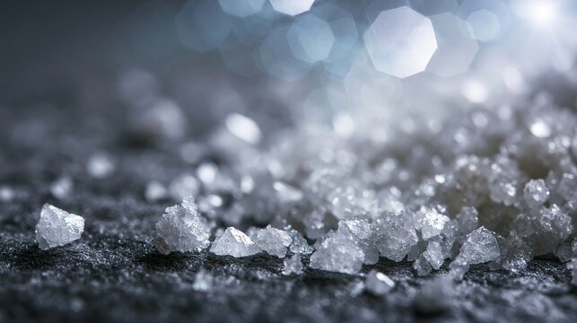 Coarse sea salt crystals scattering on a dark stone surface, forming a textured culinary background with shimmering light details