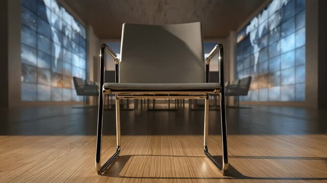 Modern conference room with world map display and sunset sky backdrop