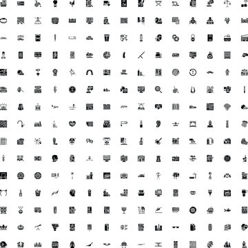 Large collection of diverse monochrome glyphs representing technology, business, food, travel, art, science, and everyday objects, ideal for web design and applications