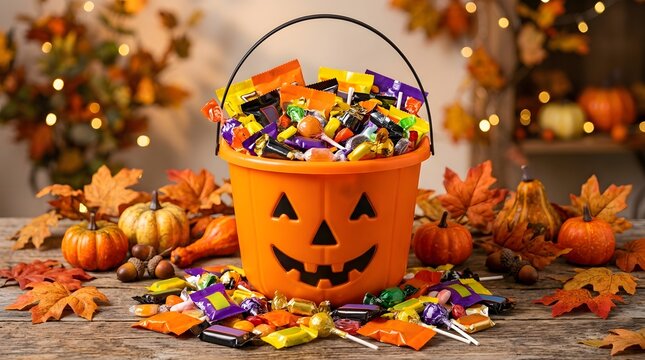 Orange plastic jack o lantern bucket filled with assorted candy surrounded by autumn leaves and pumpkins for halloween celebration