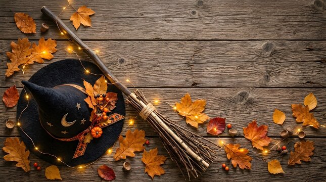 A black witch hat and a wooden broomstick resting on a rustic wooden table covered with colorful autumn leaves