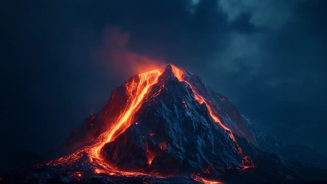 Fiery volcano erupting with glowing lava flowing down its slopes at night