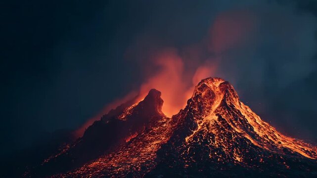 Volcano erupting with molten lava and glowing ash spewing into the dark sky
