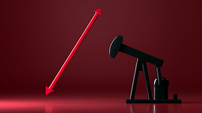 Conceptual image of a black pumpjack juxtaposed with a red arrow showing a downturn, symbolizing market decline or fall in production
