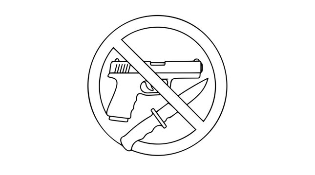 Weapons Prohibition Vector Icon: A Minimalist Line Art Illustration with Crossed-Out Handgun and Knife&mdash;A Bold Symbol for Peace, Violence Prevention, Safety Awareness, and Anti-Violence Social