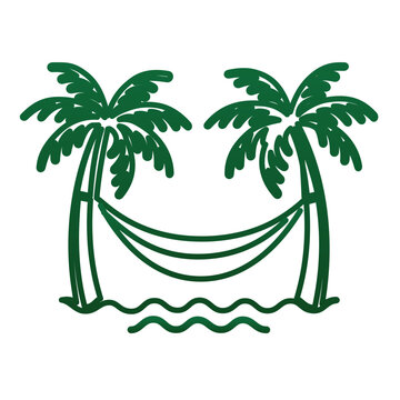 Vector illustration of a minimalist hammock between palm trees line icon representing idyllic beach downtime, suitable for tourism websites, mobile apps, and printed travel collateral.