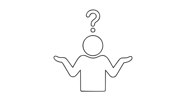 Confused person vector icon with question mark expressing uncertainty and doubt. Hand-drawn minimalist line art design showing expressive gesture and body language. Clean scalable outline