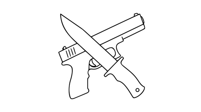 Vector Icon Illustration of Violence Prevention with Crossed Handgun and Knife Symbols &ndash; Hand-Drawn Safety Awareness and Prohibition Sign for Community Protection and Conflict De-escalation Programs